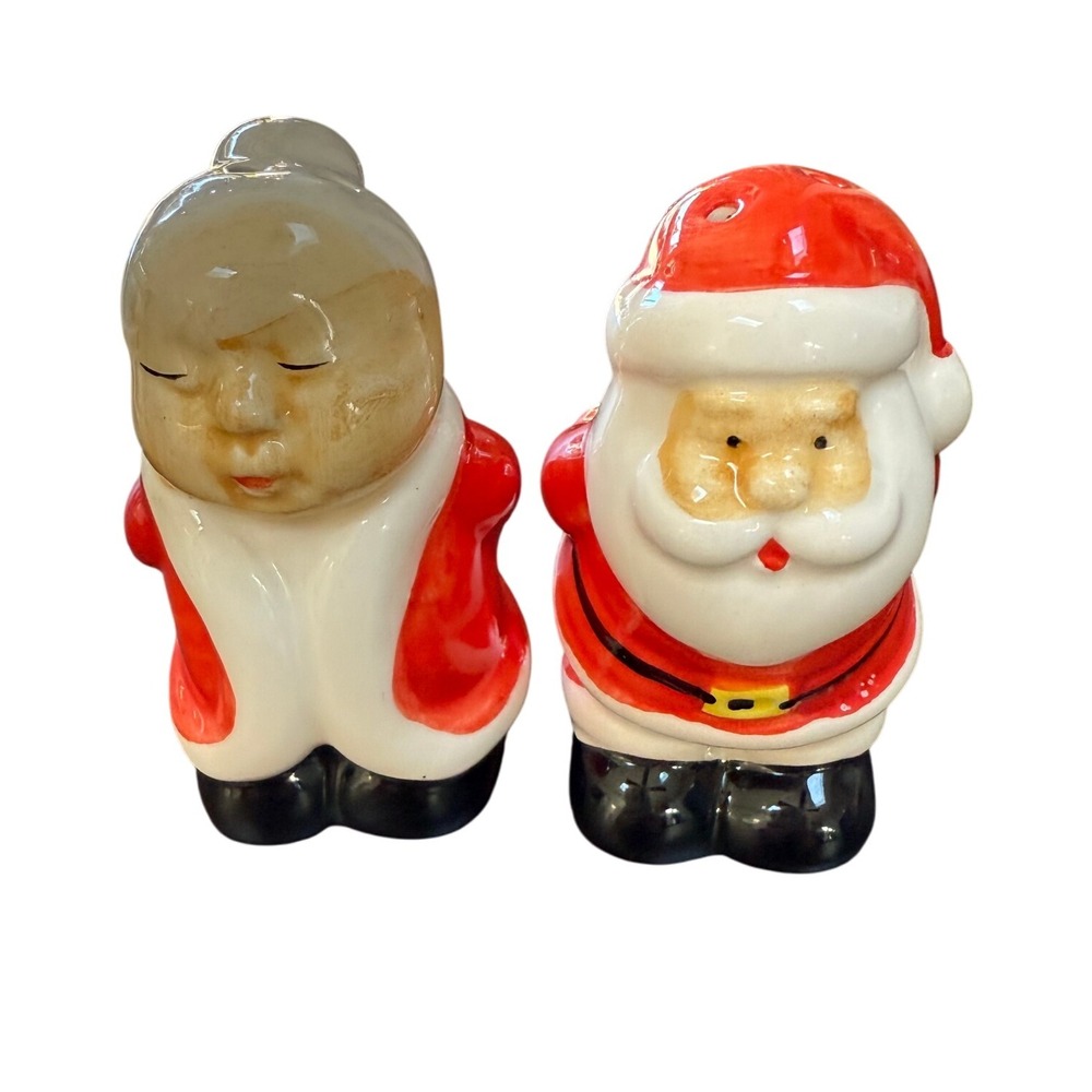 Vintage Ceramic Santa Claus & Snowman Salt Pepper Shaker Set Holiday‎ Decor
